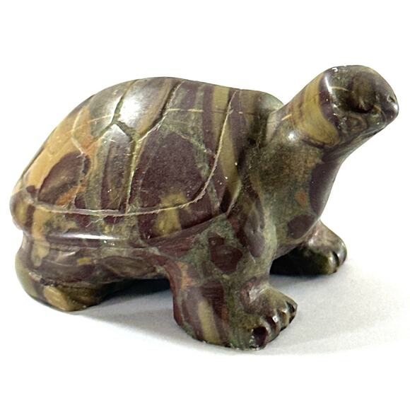 Hand Carved Stone Turtle Figurine Multicolor Jasper Onyx 3” Polished Carving - Picture 1 of 6